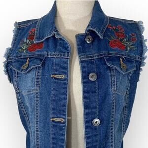 Floral embroidered Jean jacket vest, ladies medium button front frayed denim